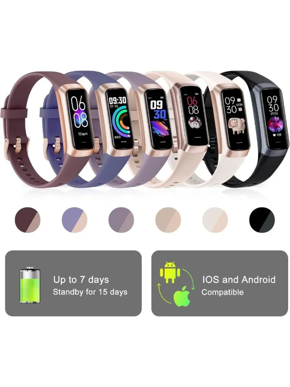 24/7 Heart Rate & Blood Pressure Fitness Tracker, AMOLED Touch Screen Smart